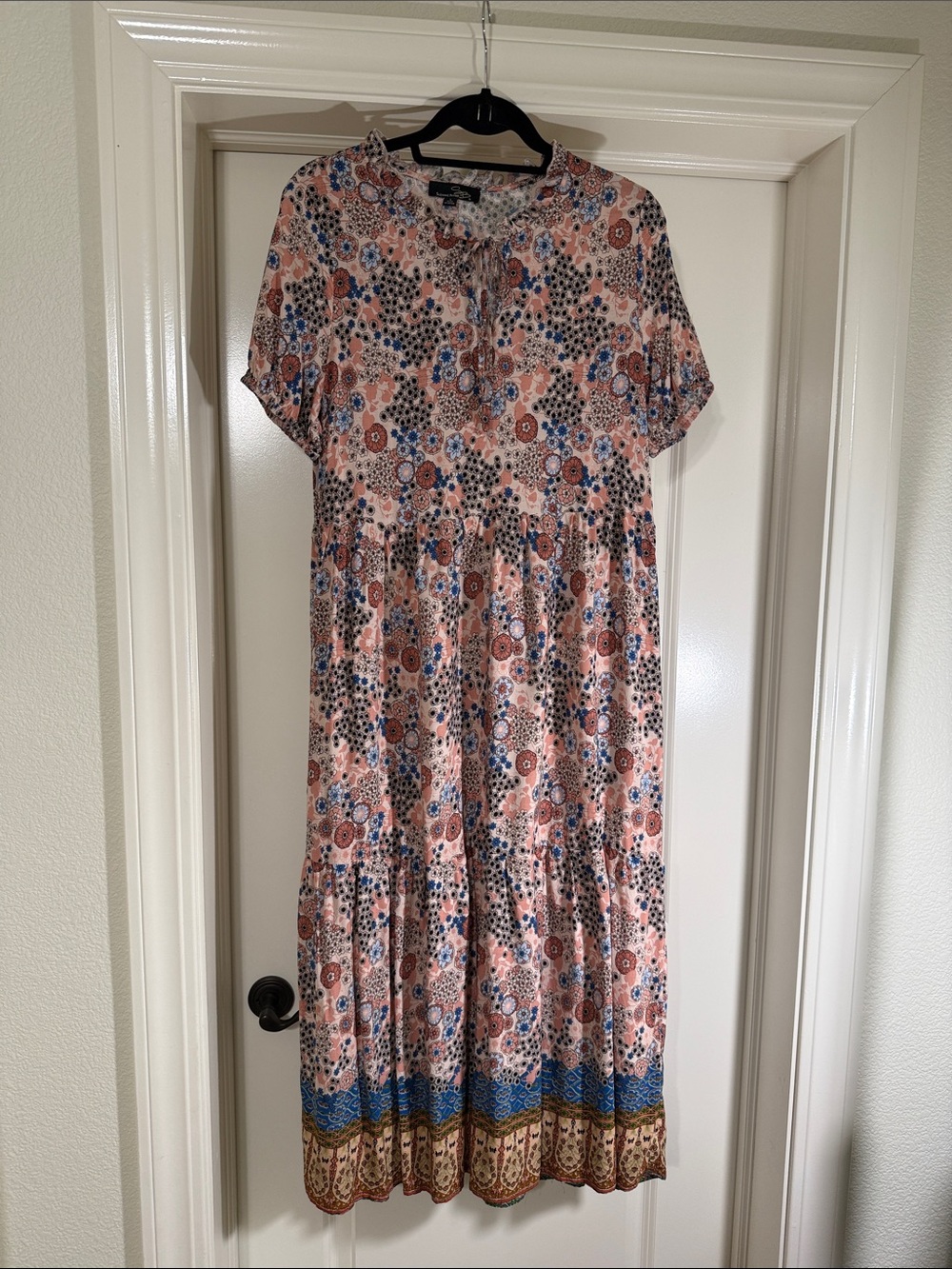 Suzanne Betro Pink and Blue Floral Tiered Maxi Dress